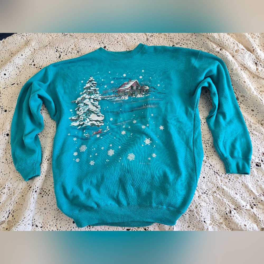 Vintage Weekend Edition Teal Cabin Snow Scene Sweatshirt 90s M - Picture 2 of 8